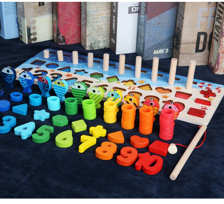3D Wooden Alphabet number puzzle board with colorful stacking rings, fish counters, shapes and a magnetic fishing rod