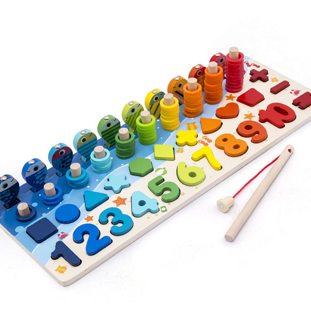 3D Wooden Alphabet number puzzle board with colorful counting rings, fish pegs, shapes, and magnetic fishing rod