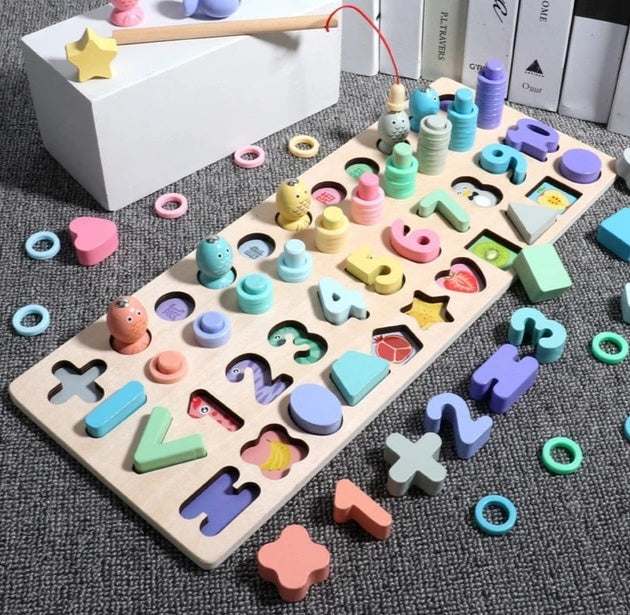 3D Wooden Alphabet puzzle board with pastel number, letter and shape pieces plus a magnetic fishing rod toy
