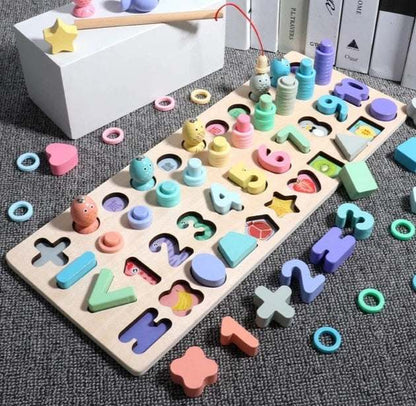 3D Wooden Alphabet puzzle board with pastel number, letter and shape pieces plus a magnetic fishing rod toy