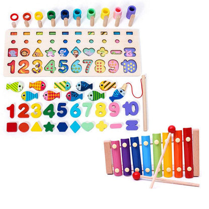 3D Wooden Alphabet number puzzle board with stacking rings, fish counting pieces, and a colorful xylophone