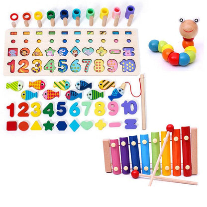 3D Wooden Alphabet number puzzle board with colorful pegs, fish counting pieces, caterpillar, and xylophone toy set