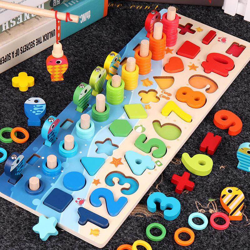 3D Wooden Alphabet puzzle board with colorful numbers, shapes, counting rods and a fishing game for toddlers