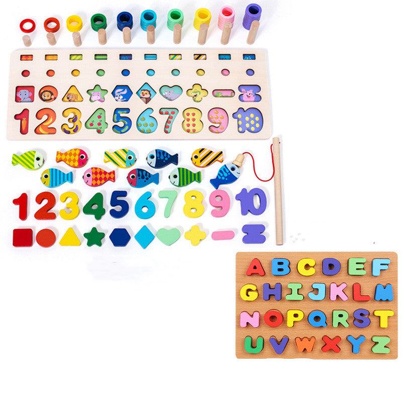 3D Wooden Alphabet puzzle board with colorful numbers, shapes, fish pieces, peg stackers, and letter tiles