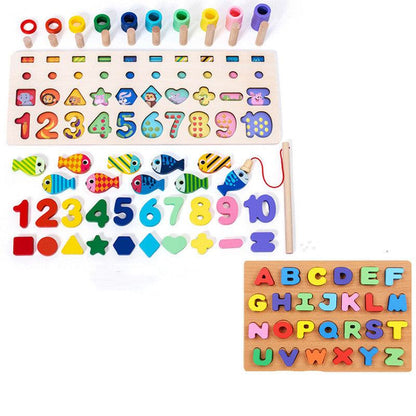 3D Wooden Alphabet puzzle board with colorful numbers, shapes, fish pieces, peg stackers, and letter tiles