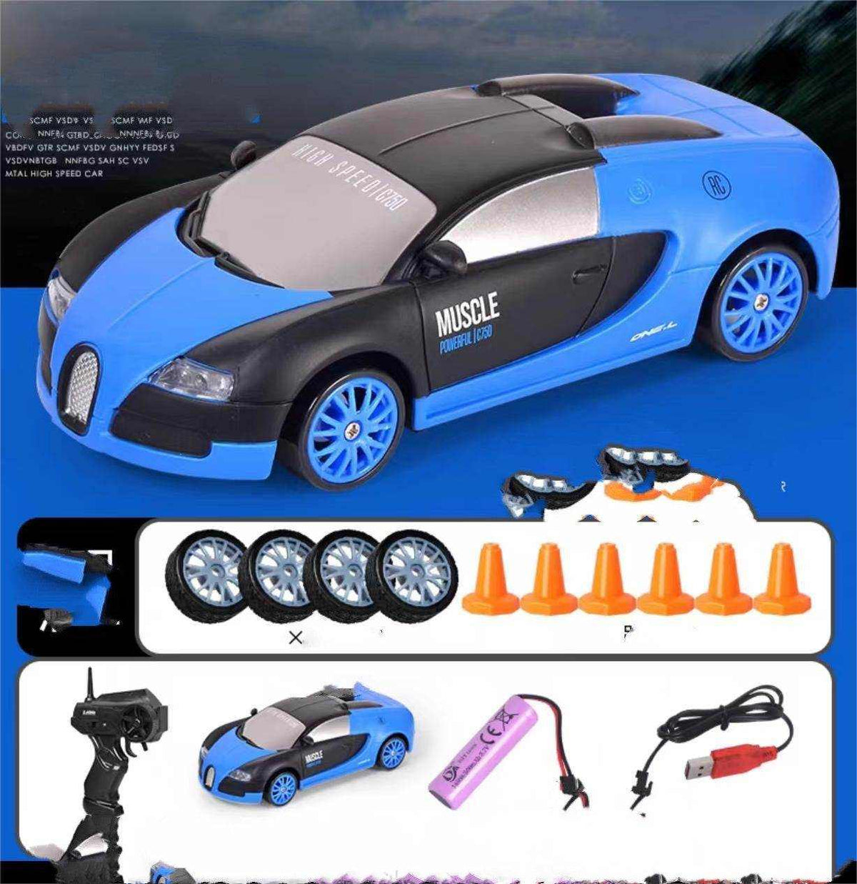 4WD RC Drift Car with blue and black sports car body, silver roof panel, blue wheels, extra tires, remote and cones