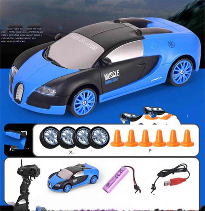4WD RC Drift Car with blue and black sports car body, silver roof panel, blue wheels, extra tires, remote and cones