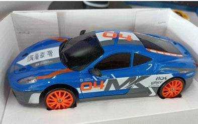 4WD RC Drift Car in blue and silver with orange racing stripes, numbered decals, black windows and orange wheels