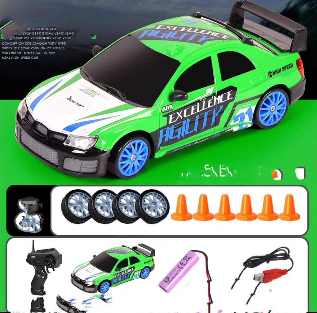 4WD RC Drift Car in bright green with white and blue racing graphics, blue wheels, rear spoiler and accessory set