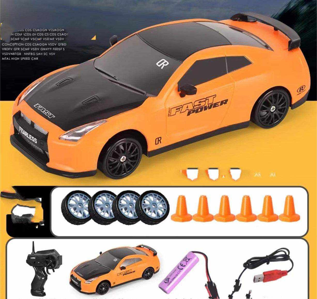 4WD RC Drift Car in orange with a black hood, tinted windows, sporty decals, and included spare wheels and cones