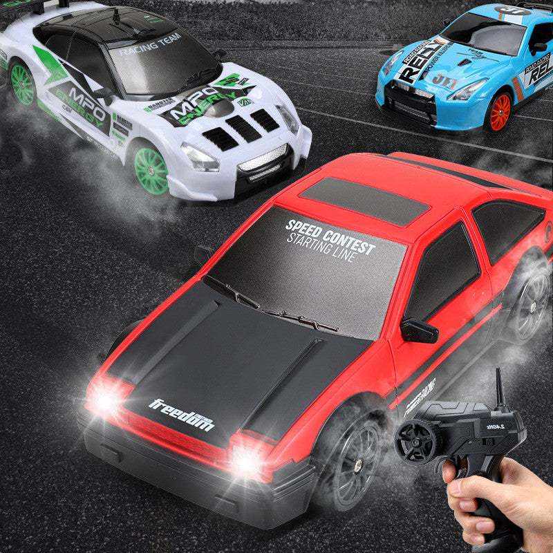 4WD RC Drift Car shown as a red sports car with a black hood, racing graphics, and a handheld remote