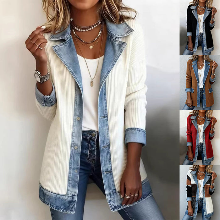 Denim Patchwork Lapel Button-Down Jacket