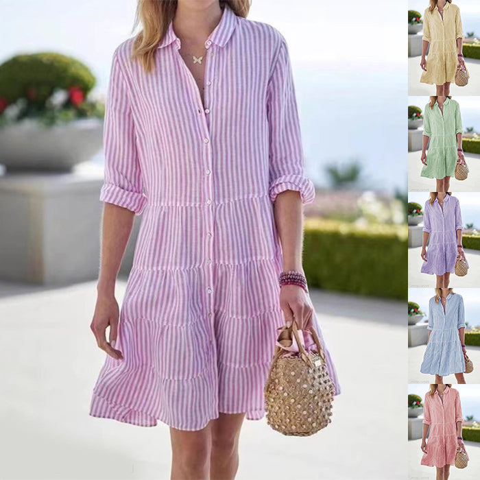 Striped Long-Sleeve Lapel Button Shirt Dress