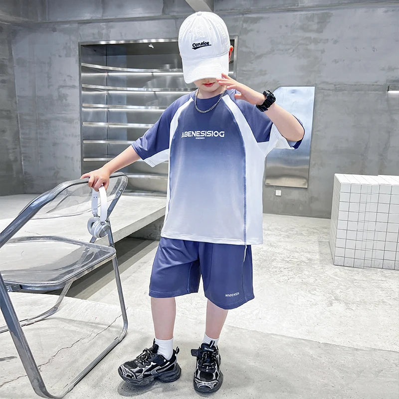 Boys 2PC/Sets For Age 5-14 Years Old Teen Child Clothing Suit New Kids Summer Short Sleeve T-Shirt + Shorts Casual Boys Outfits
