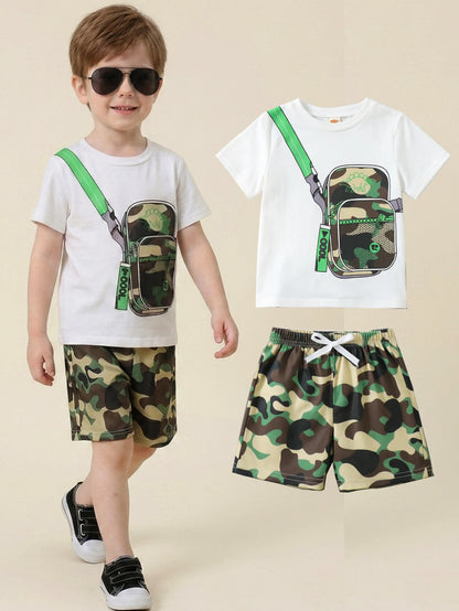 Boys Summer Clothing Set 2Pcs Breathable Fake Bag Print Short Sleeve T-Shirt and Camouflage Shorts Kids Casual Tracksuit Outfits