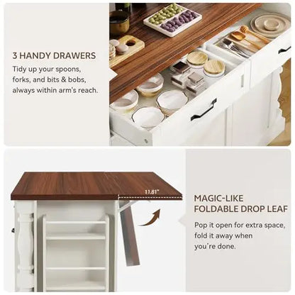 Îlot de cuisine sur roulettes, table d'îlot de 48 po pour cuisine avec poubelle
