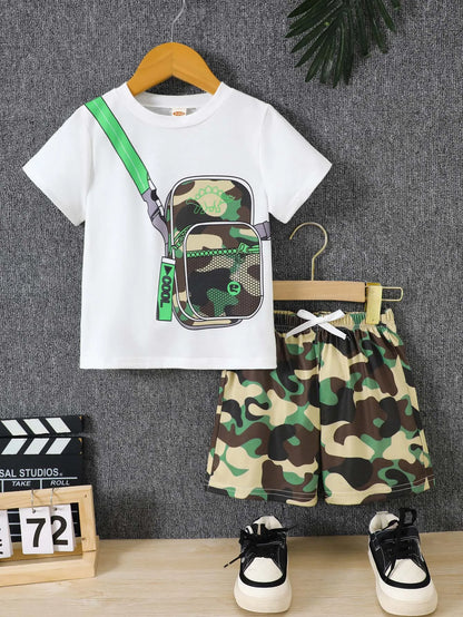 Boys Summer Clothing Set 2Pcs Breathable Fake Bag Print Short Sleeve T-Shirt and Camouflage Shorts Kids Casual Tracksuit Outfits
