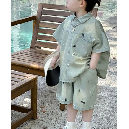 Boys Summer Clothing Set New Handsome Little Boys Summer Thin Fashionable Children's Shirt Set of Two Short Sleeves