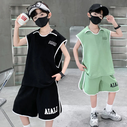 Boys Clothing Set American Style Children Vintage Vest Casual Sport Loose Pullover Sleeveless T-shirt Top Shorts Two-piece Set
