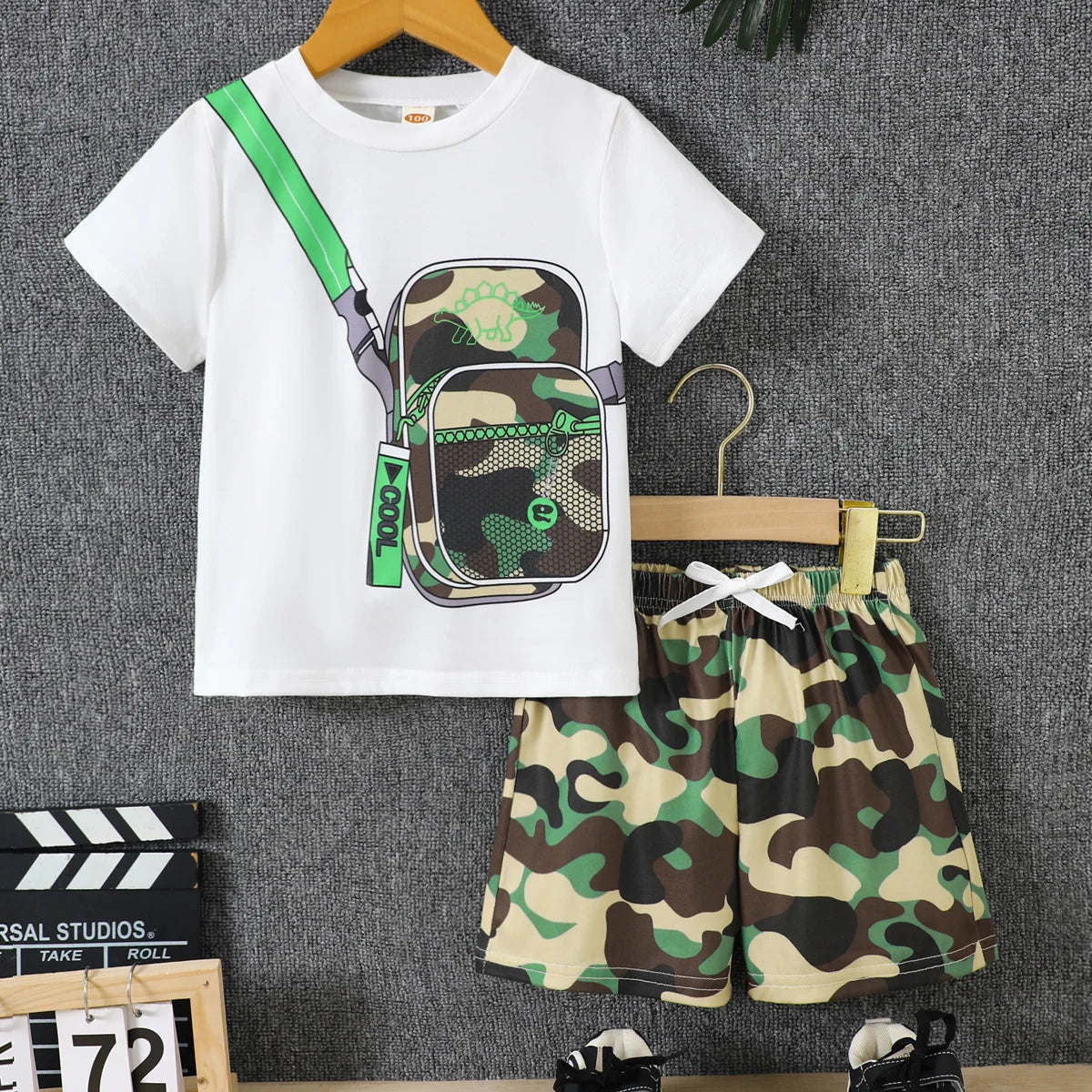 Boys Summer Clothing Set 2Pcs Breathable Fake Bag Print Short Sleeve T-Shirt and Camouflage Shorts Kids Casual Tracksuit Outfits