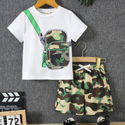 Boys Summer Clothing Set 2Pcs Breathable Fake Bag Print Short Sleeve T-Shirt and Camouflage Shorts Kids Casual Tracksuit Outfits