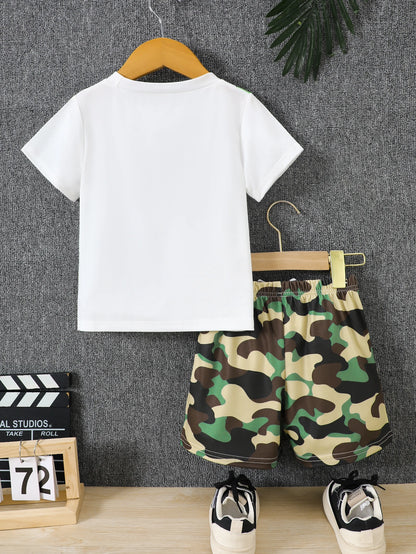 Boys Summer Clothing Set 2Pcs Breathable Fake Bag Print Short Sleeve T-Shirt and Camouflage Shorts Kids Casual Tracksuit Outfits