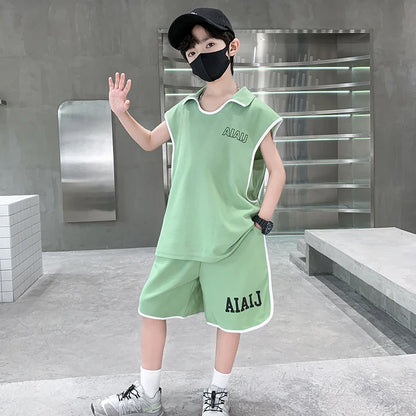 Boys Clothing Set American Style Children Vintage Vest Casual Sport Loose Pullover Sleeveless T-shirt Top Shorts Two-piece Set