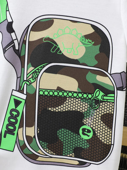 Boys Summer Clothing Set 2Pcs Breathable Fake Bag Print Short Sleeve T-Shirt and Camouflage Shorts Kids Casual Tracksuit Outfits