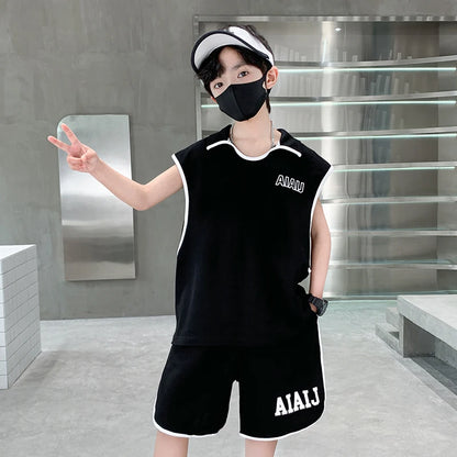 Boys Clothing Set American Style Children Vintage Vest Casual Sport Loose Pullover Sleeveless T-shirt Top Shorts Two-piece Set