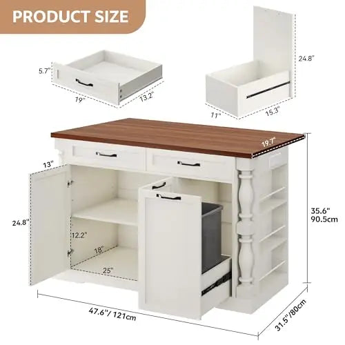 Îlot de cuisine sur roulettes, table d'îlot de 48 po pour cuisine avec poubelle