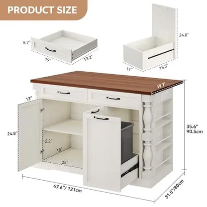 Îlot de cuisine sur roulettes, table d'îlot de 48 po pour cuisine avec poubelle