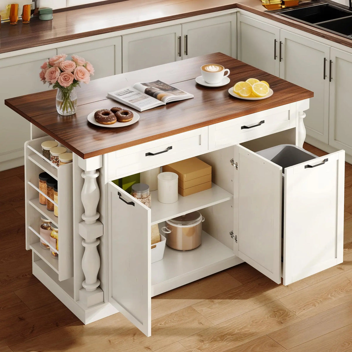 Îlot de cuisine sur roulettes, table d'îlot de 48 po pour cuisine avec poubelle
