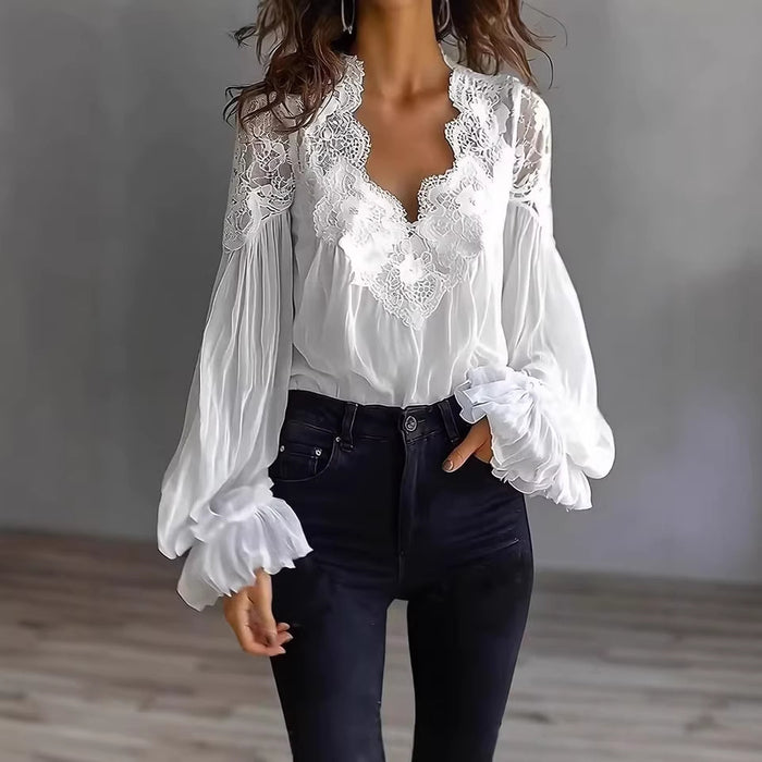 Lace-Panelled Ruffled Puff-Sleeve Pleated Shirt