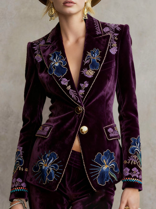 Velvet Paisley Embroidered Slim-Fit Women's Suit Jacket