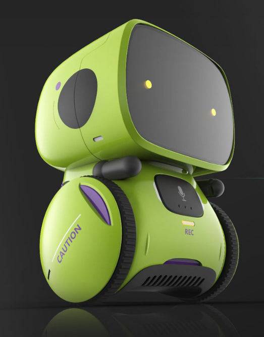 {"alt_text":"Voice Recognition Robot Toy in bright lime green plastic with a glossy black face, purple accents and large treaded wheels","filename_slug":"Voice Recognition Robot Toy-lime-green-robot-purple-accents".lower().replace(" ","-")}