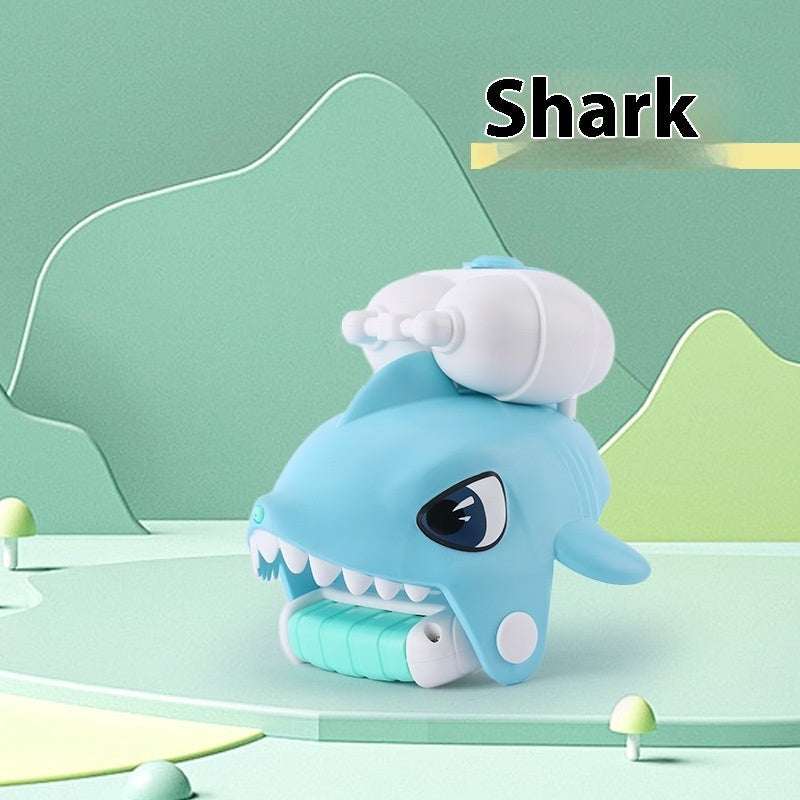 Animal Wrist Water Gun in a blue shark design, with a white top-mounted water pump, toothy mouth and black eye