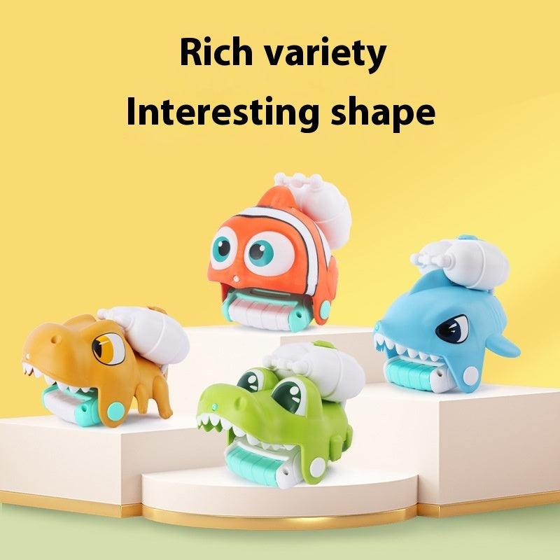 Animal Wrist Water Gun set in orange, blue, yellow, and green animal shapes with white wrist straps and turquoise nozzles