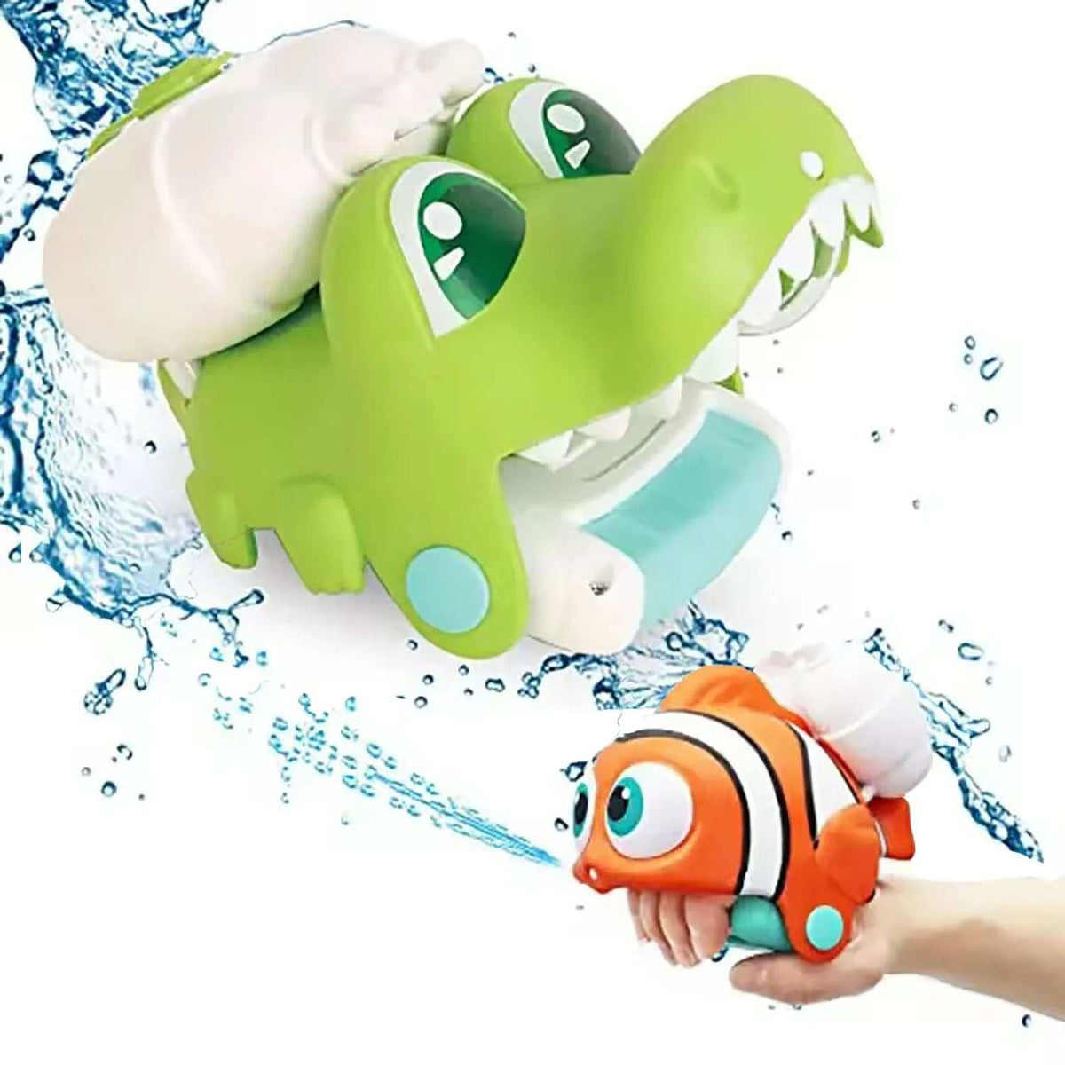 Animal Wrist Water Gun in green crocodile and orange clownfish designs, with rounded forms and wrist straps for play.