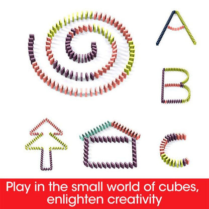 Automatic Domino Train Toy title card showing colourful plastic dominoes arranged in a spiral, letters and simple shapes