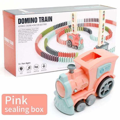 Automatic Domino Train Toy in coral pink plastic with aqua trim, black wheels and a top-loading hopper