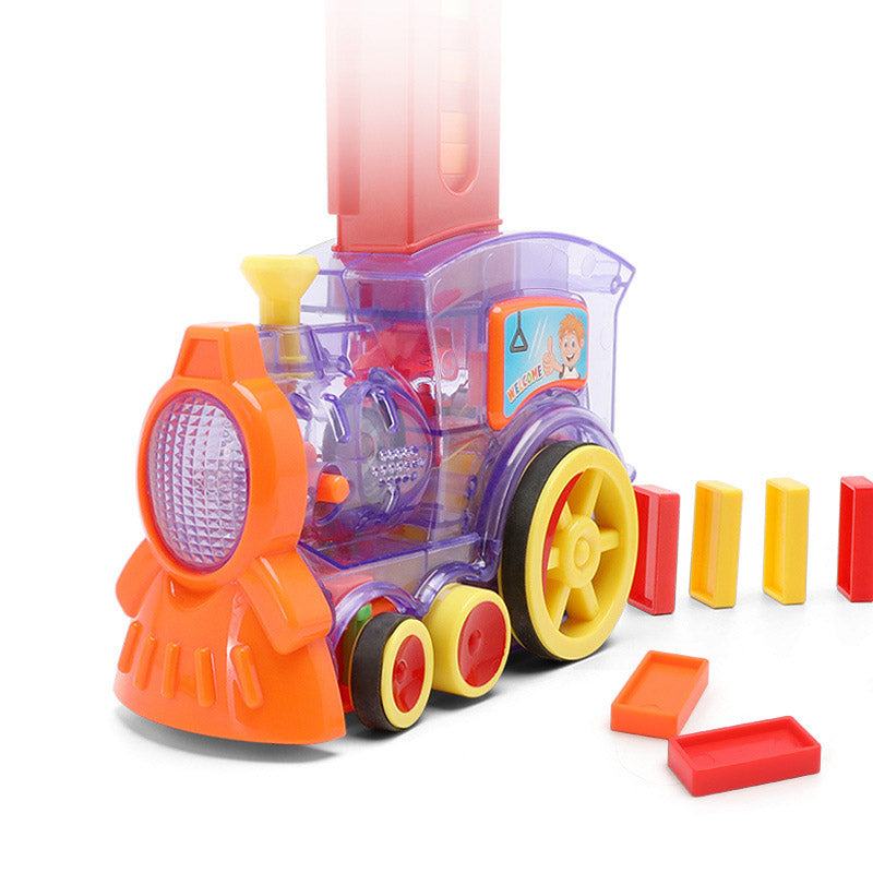 Automatic Domino Train Toy in orange and translucent purple plastic, with yellow wheels and colourful dominoes in its hopper