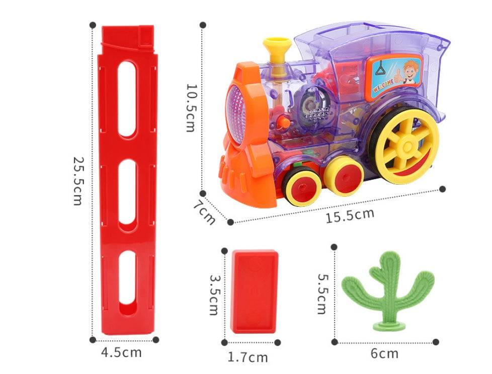 Automatic Domino Train Toy in orange and purple plastic with a yellow wheel, shown with red dominoes and a green cactus piece