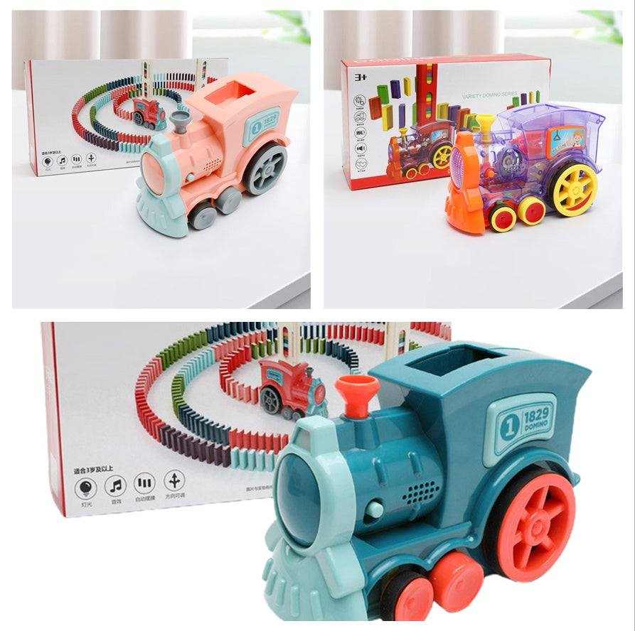 Automatic Domino Train Toy in teal and coral plastic with a hopper, large wheels and colorful dominoes