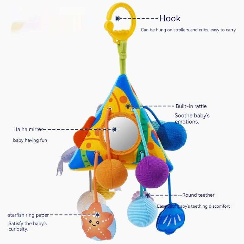 Baby Car Seat Hanging Toy with a colorful fabric pyramid, mirror, yellow hook, dangling textured balls and sea creature rings.