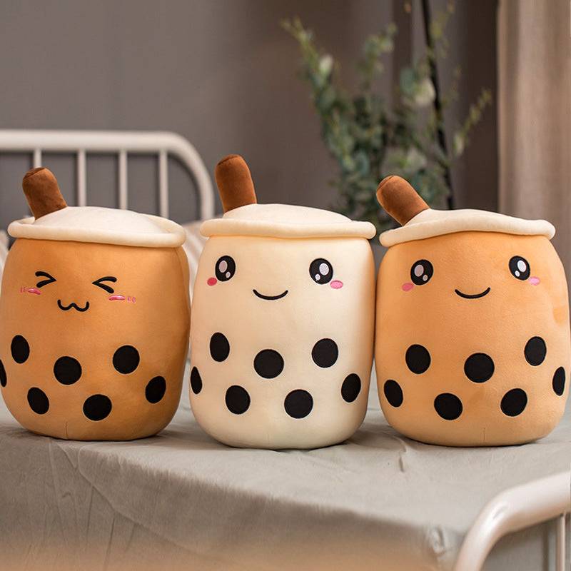 Bubble Tea Plush Pillow trio in caramel brown and cream short plush, with smiling faces, white lids and black tapioca dots