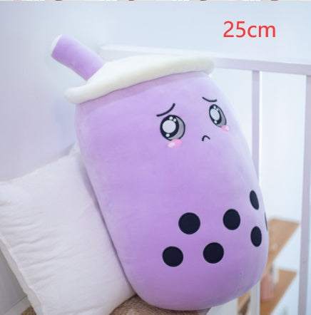 Bubble Tea Plush Pillow in lavender plush with white whipped-cream trim, a matching straw, embroidered face and black tapioca pearls