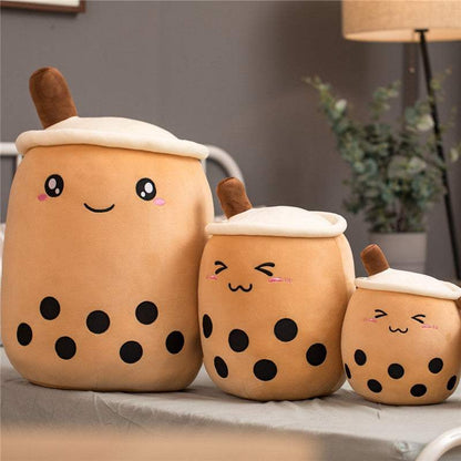 Bubble Tea Plush Pillow set in tan soft plush with cream lids, smiling embroidered faces and black tapioca dots