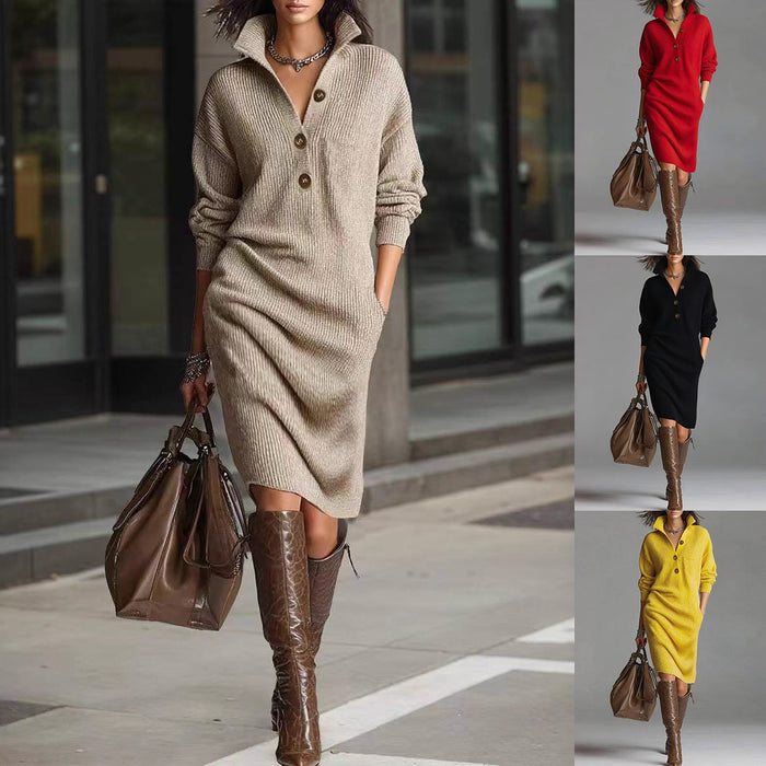 Long-Sleeve Button Sweater Dress with Stand Collar