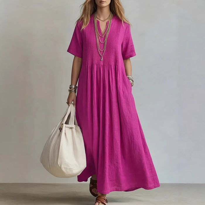 Casual V-Neck Pleated Cotton-Linen Dress