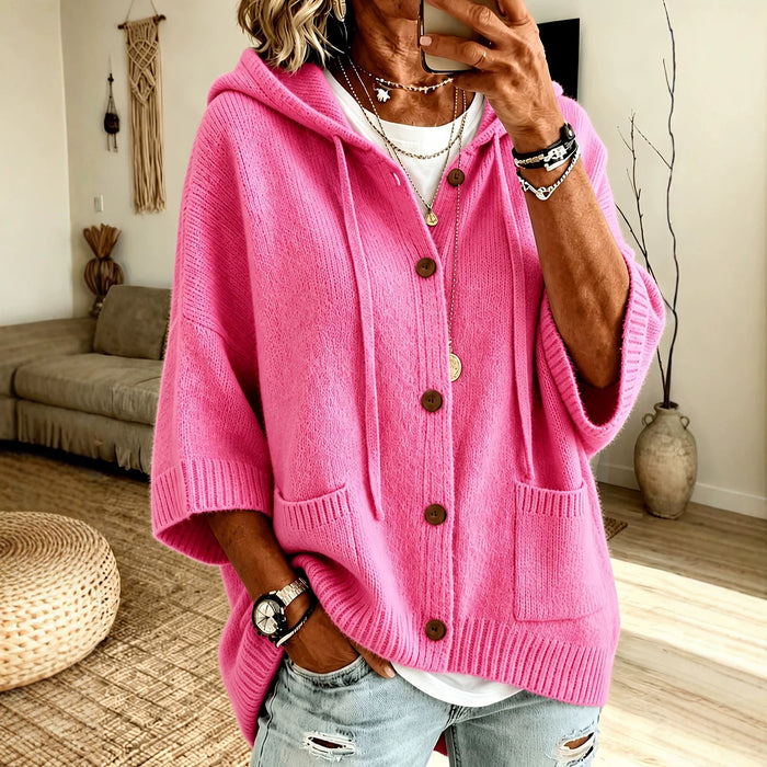 Knitted Hooded Cardigan Coat with Drawstring